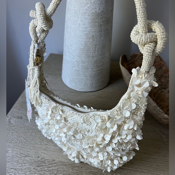 NWT Viral White Beaded Bag with Knot Tie Strap, Handcrafted in India, Br… - Picture 4 of 7